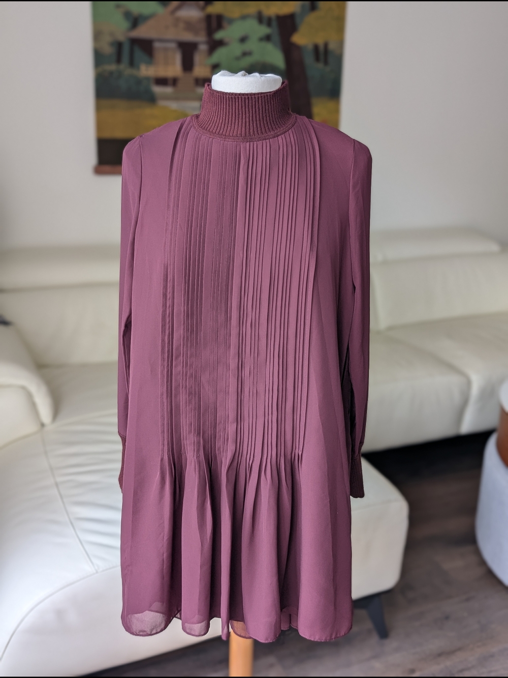 Club Monaco Pintuck Mock Neck Long Sleeve Chiffon Dress Burgundy Size 00